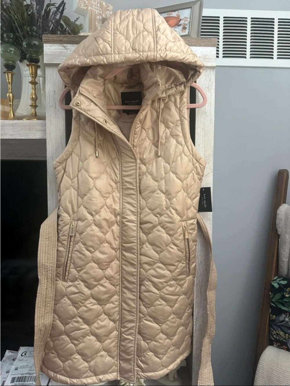 kate spade Quilted Satin Vest in Taupe with Gold Hardware - Picture 2 of 7